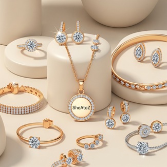 SheAtoZ rings, necklaces, and earrings on cream-toned pedestals