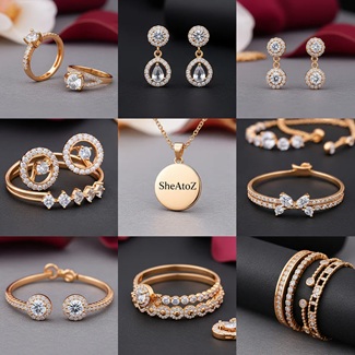 Assorted SheAtoZ rings and earrings on a black display
