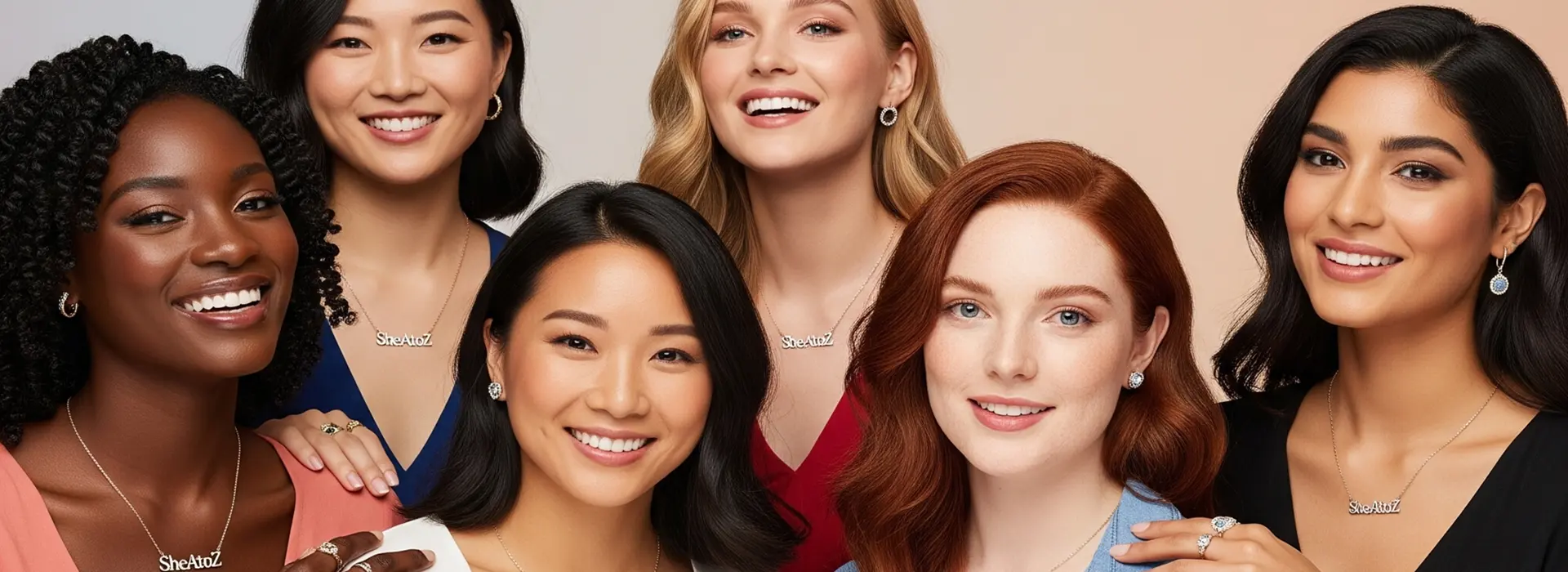 Diverse group of women wearing personalized She A to Z necklaces and smiling