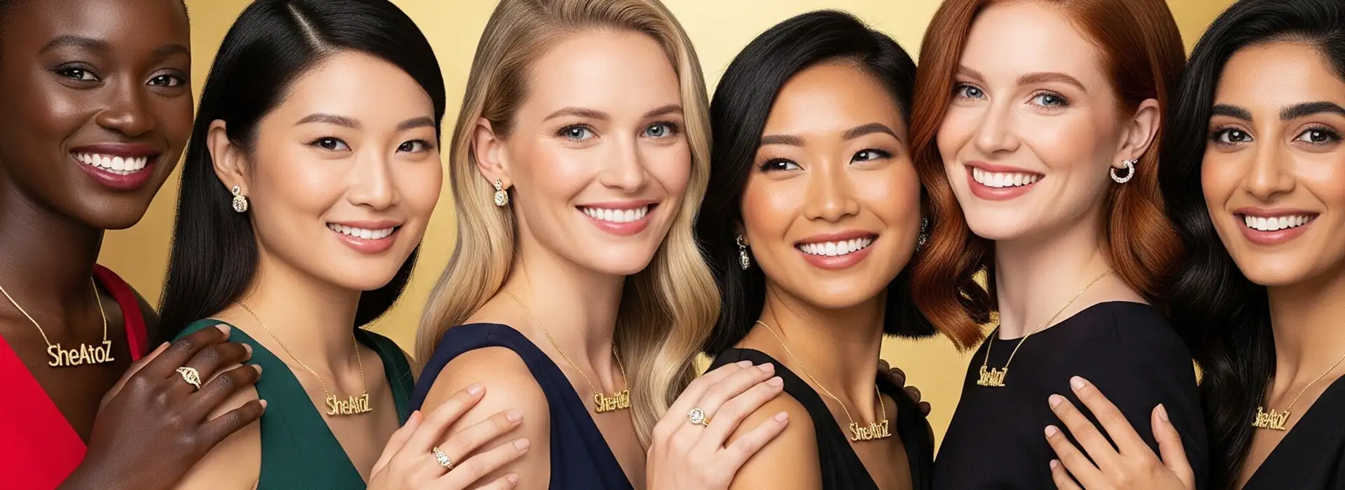 Women wearing gold She A to Z name necklaces with joyful expressions against a gold-toned background
