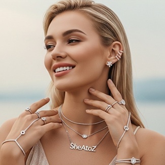 Blonde woman layering SheAtoZ signature necklaces and rings