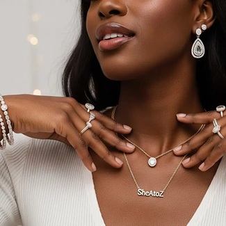 Elegant Black woman smiling in SheAtoZ earrings, necklace, and rings
